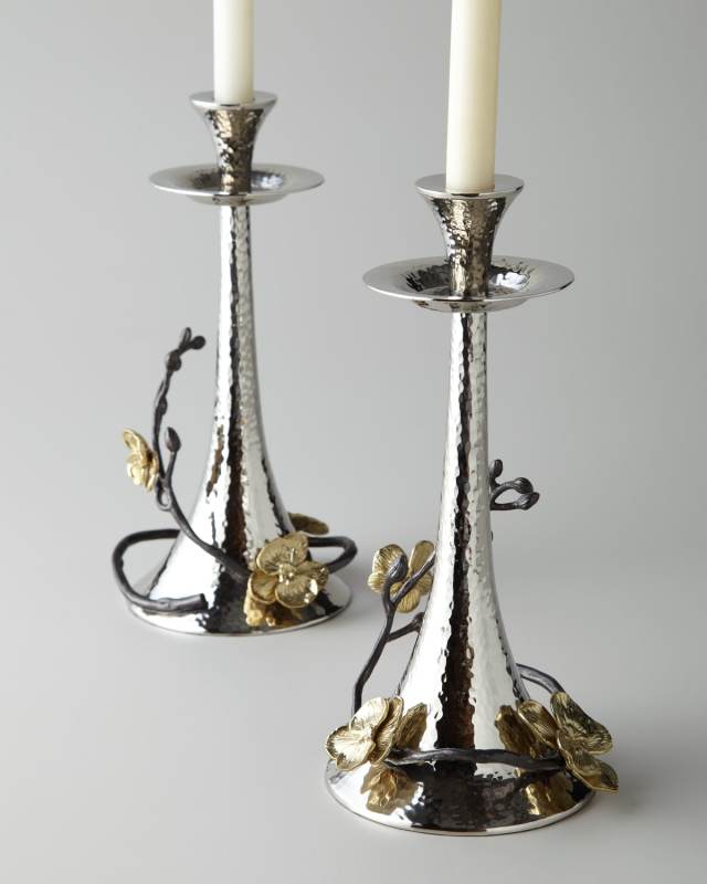 Two Gold Orchid Taper Candleholders