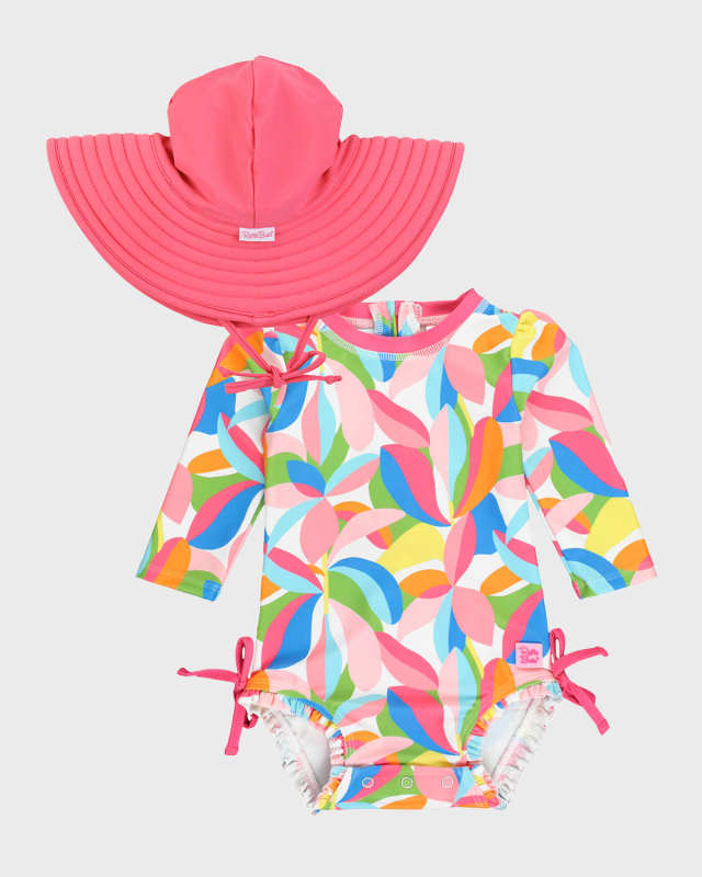 Girl's Tropical One-Piece Rash Guard and Hat Set, Size 0M-3T