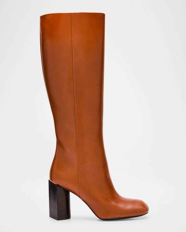 Twisted Block-Heel Leather Knee Boots