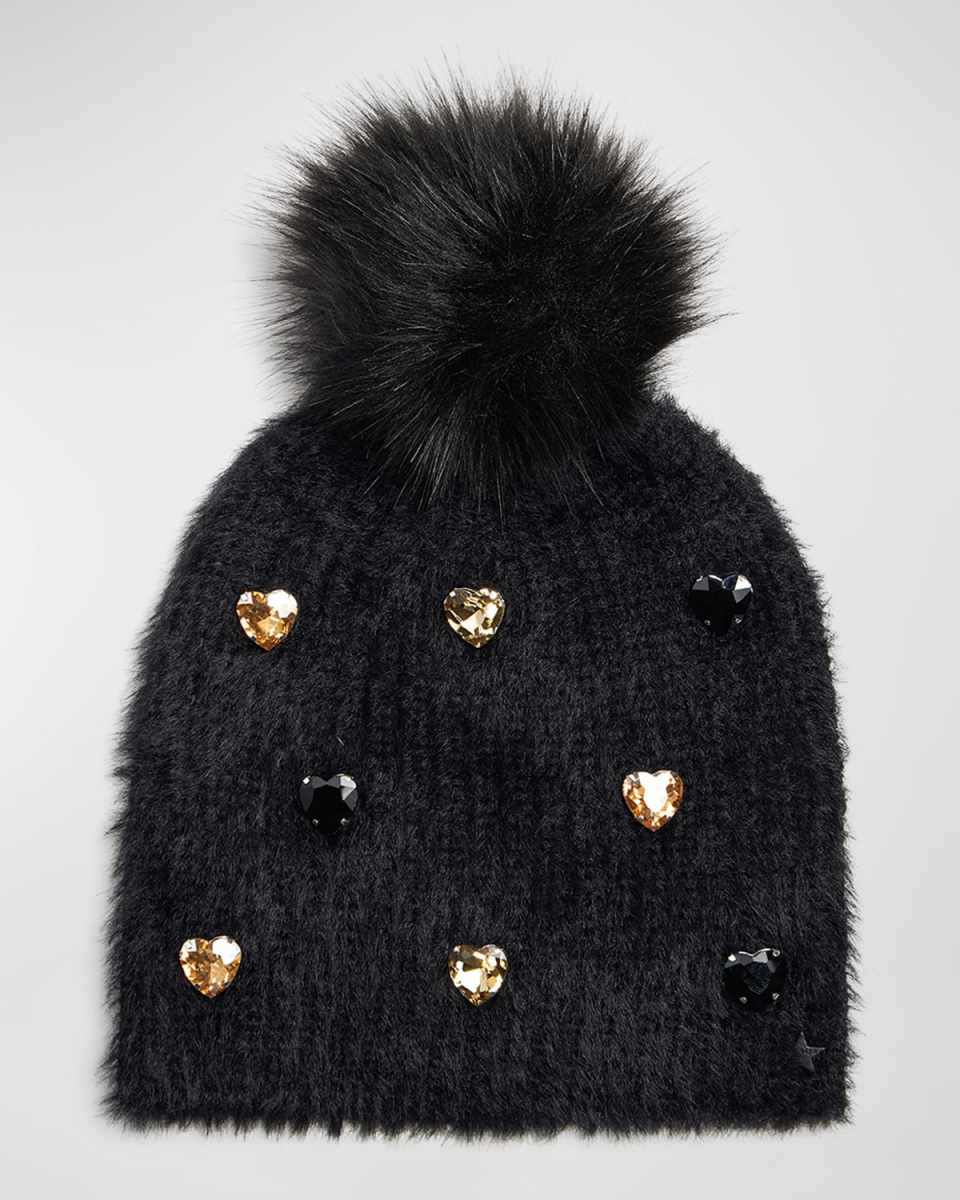 Knit Beanie with Rhinestone Hearts