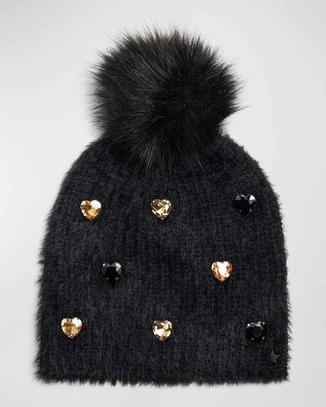 Knit Beanie with Rhinestone Hearts