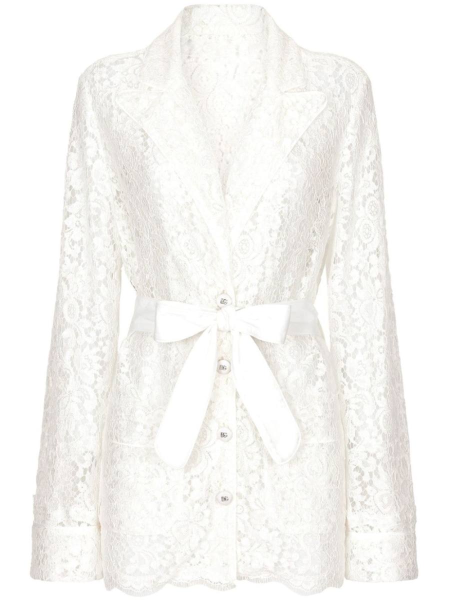floral-lace belted shirt