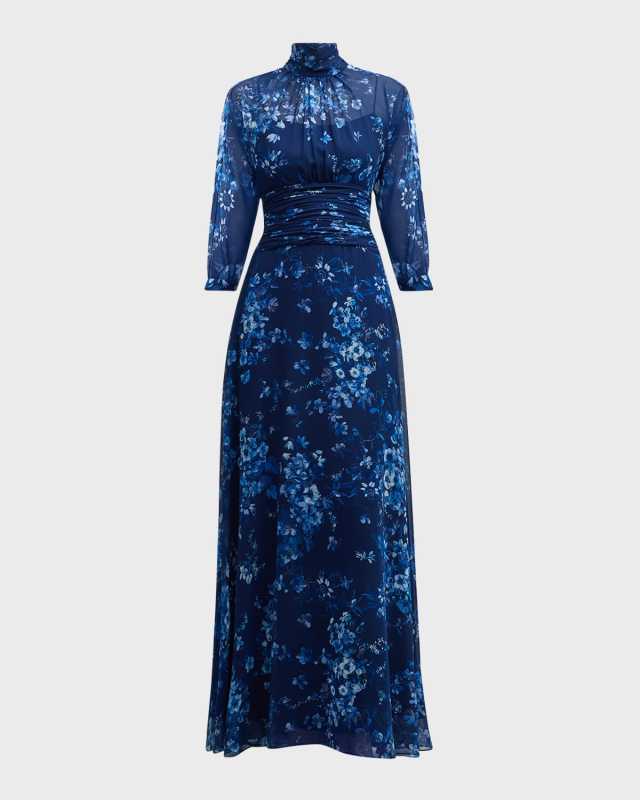 Floral-Print Turtleneck Chiffon Gown