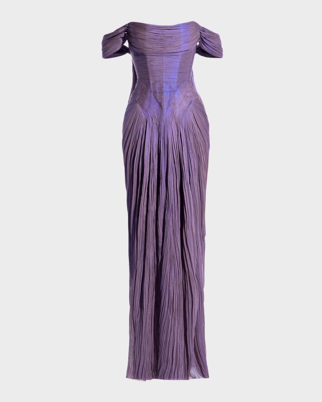 Kalindi Off-Shoulder Pleated Plisse Gown