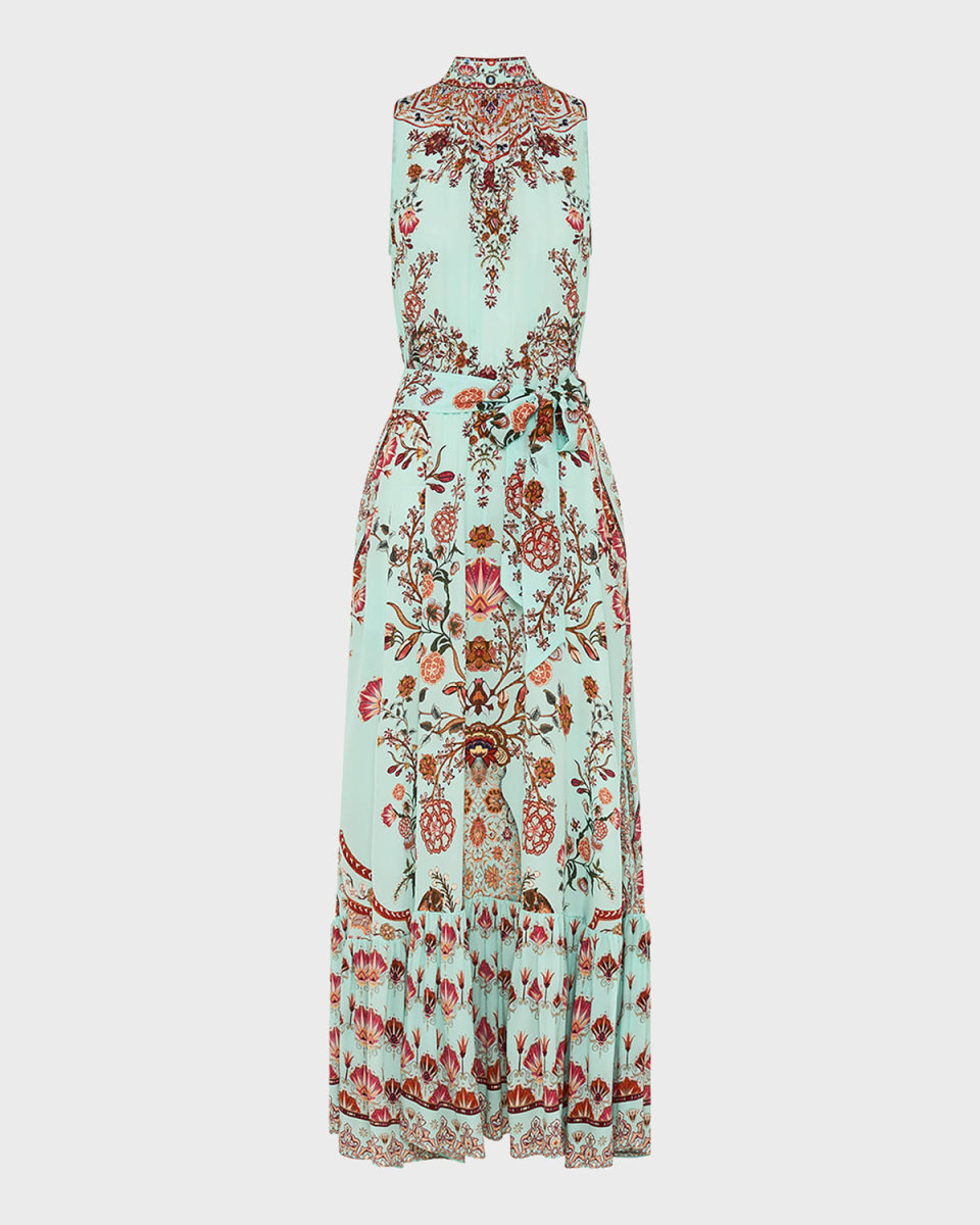 Necktie Sleeveless Silk Maxi Dress with Elasticated Waist