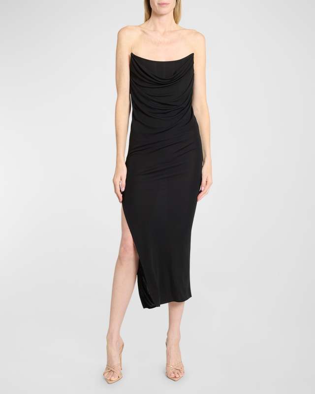 Strapless Draped Viscose Jersey Midi Dress