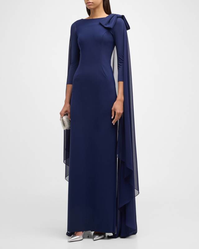 Bateau-Neck Column Cape Gown