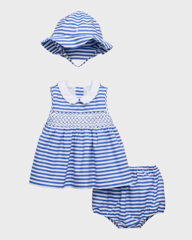 Girl's Smocked Poplin Top, Hat and Bloomers Set, Size 9M-24