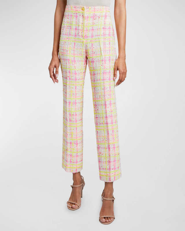 Roma Cropped High-Rise Plaid Tweed Pants