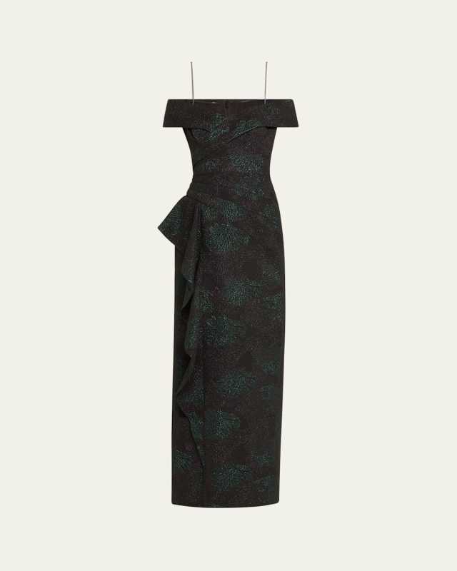 Off-Shoulder Ruffle Jacquard Column Gown