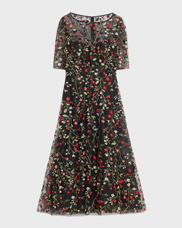 Floral-Embroidered Tulle Midi Dress