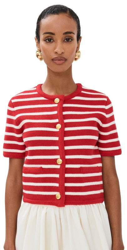 English Factory Knit Striped Sweater Cardigan Red/White