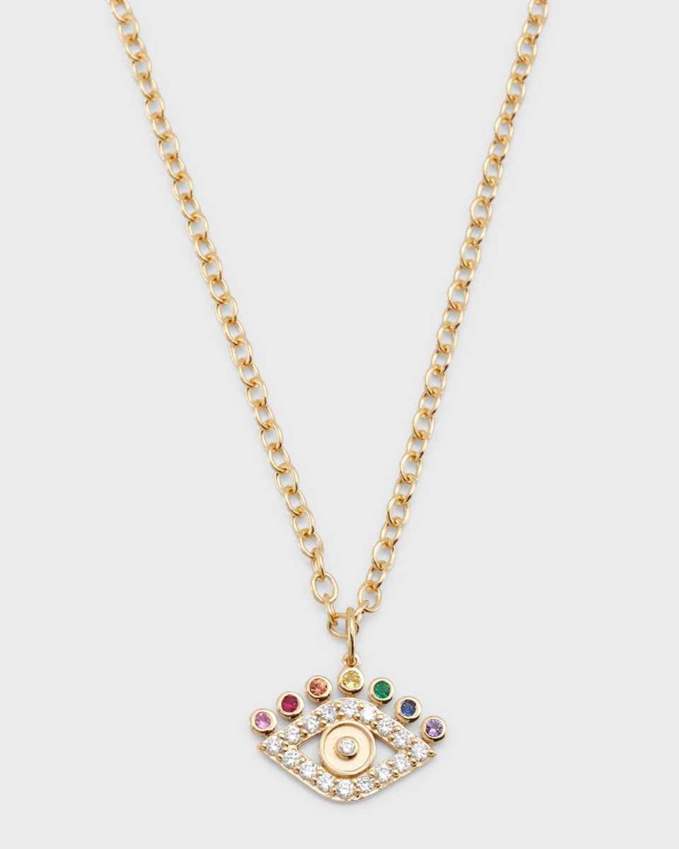 14K Yellow Gold Evil Eye Pendant Necklace with Multi-Stone Petals