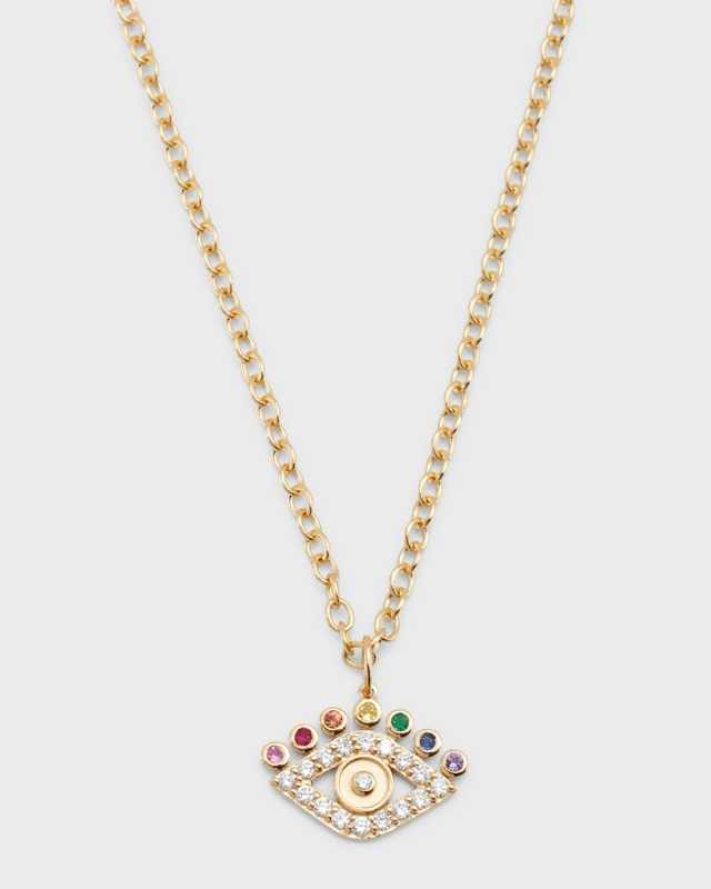 14K Yellow Gold Evil Eye Pendant Necklace with Multi-Stone Petals