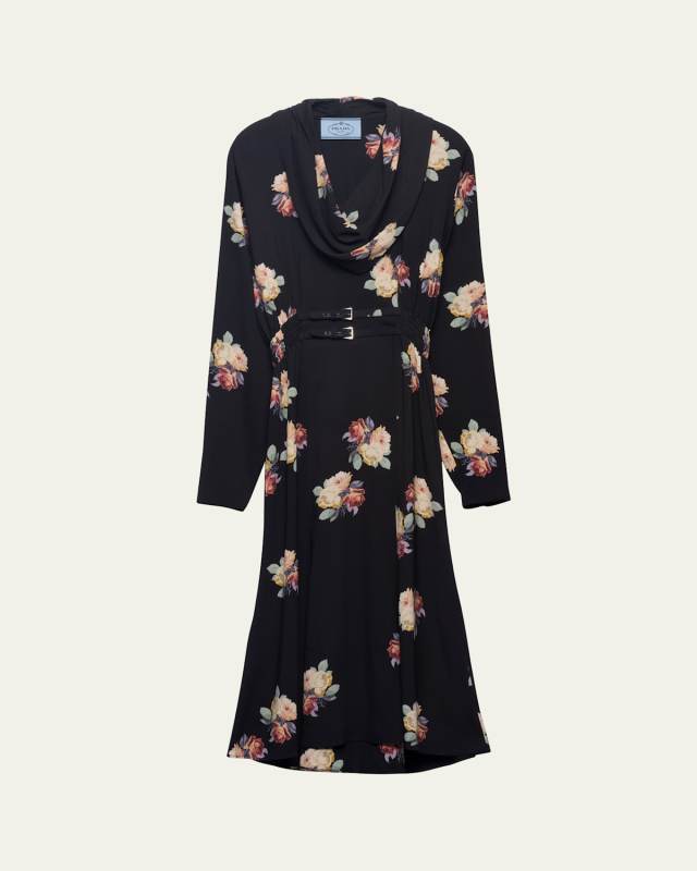 Floral Cowl-Neck Leather Belted Midi Dress
