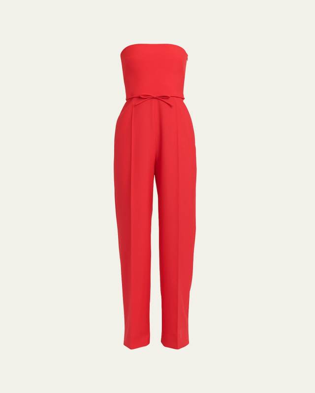 Strapless Bow-Belt Straight-Leg Jumpsuit