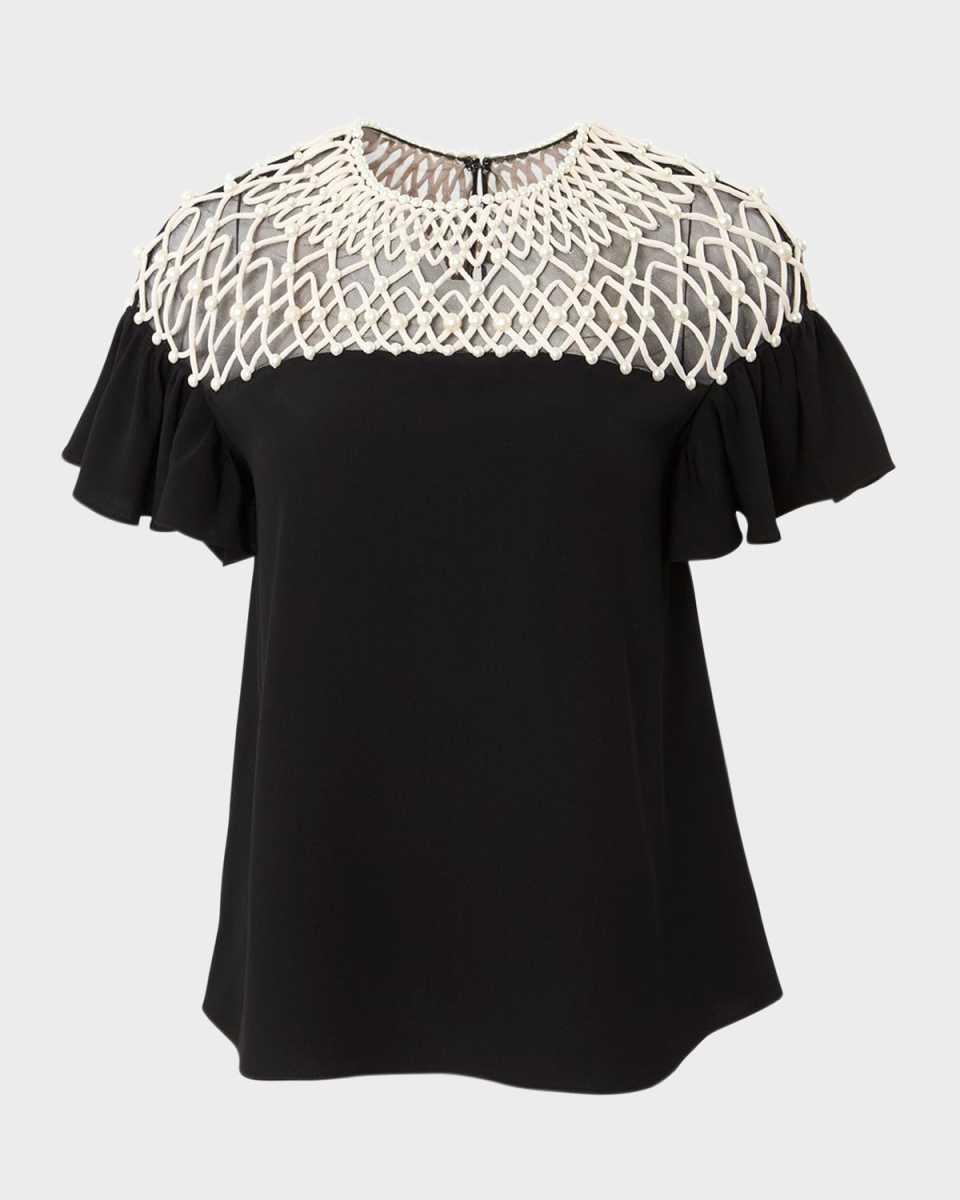Embellished Lattice Yoke Crewneck Top