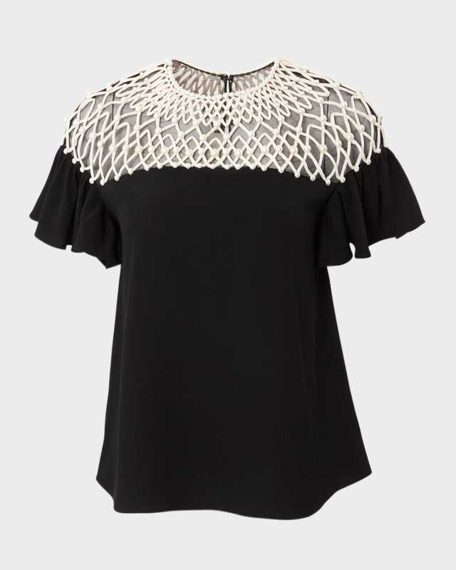 Embellished Lattice Yoke Crewneck Top