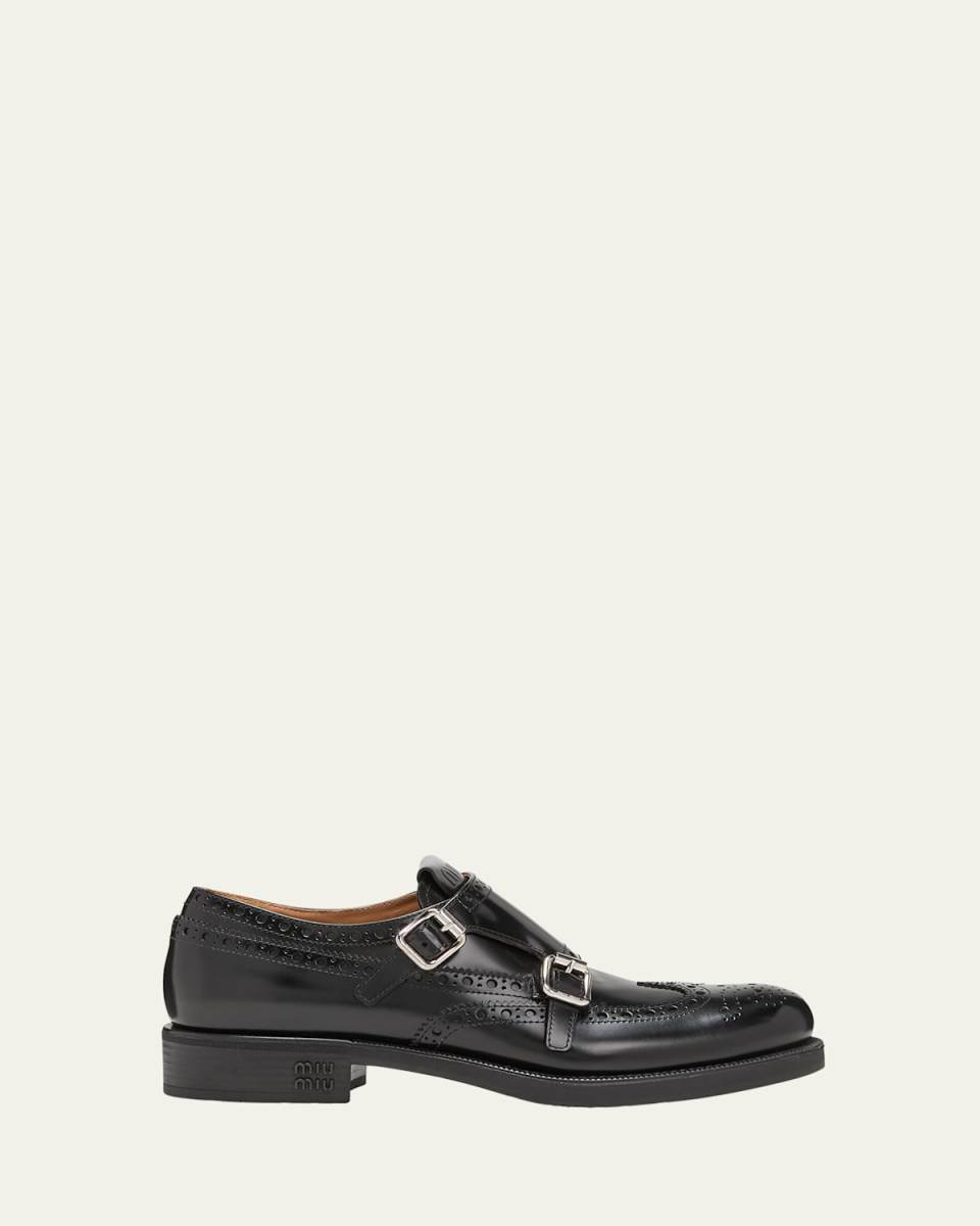 Brogue Leather Double Monk Loafers