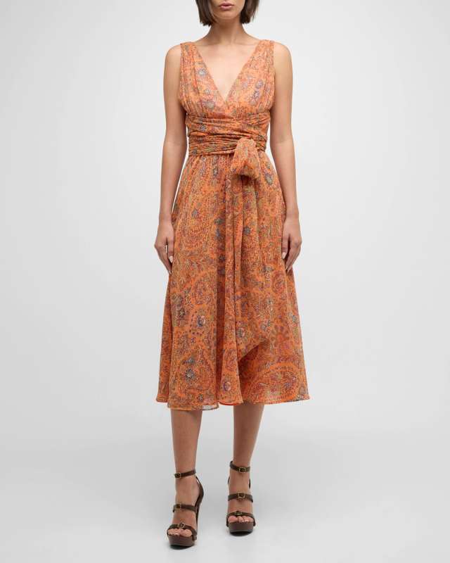 Floral Paisley-Print Metallic Midi Wrap Dress