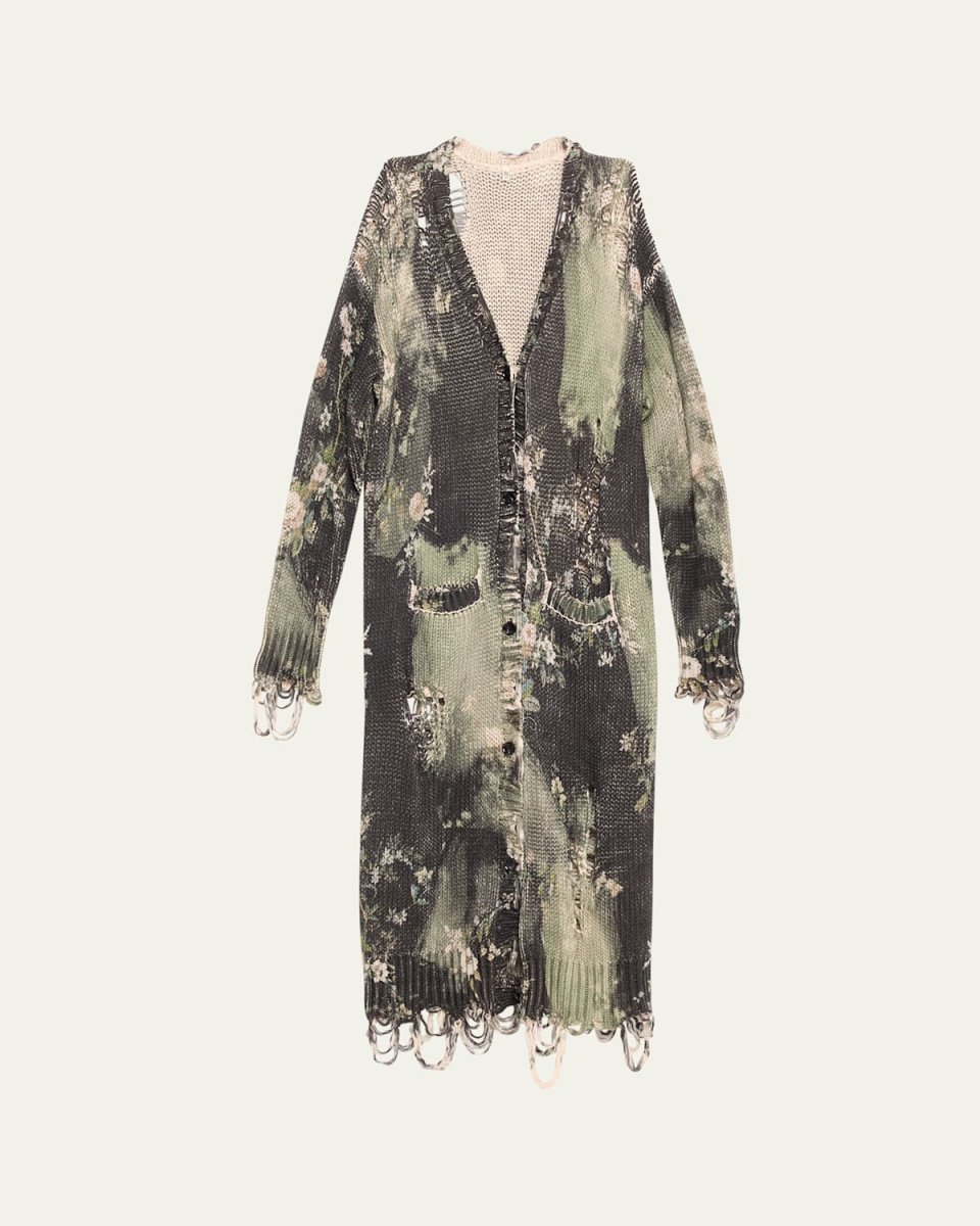 Distressed Long Floral Cardigan