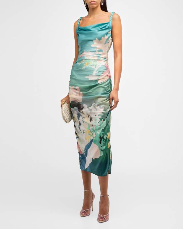 Rachel Printed Cowl-Neck Bodycon Midi Dress