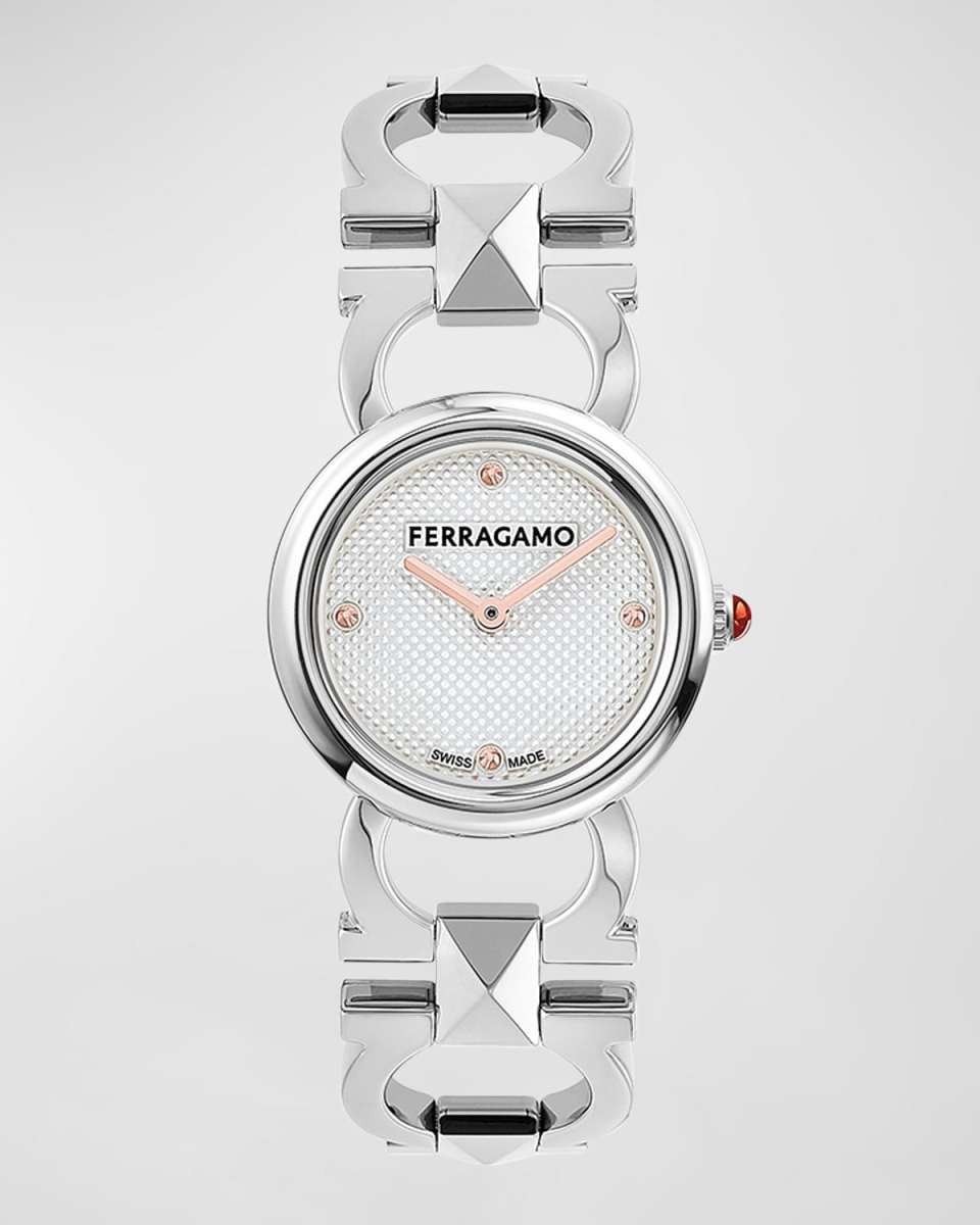 25mm Double Gancini Stud Watch with Silver Dial, Stainless Steel