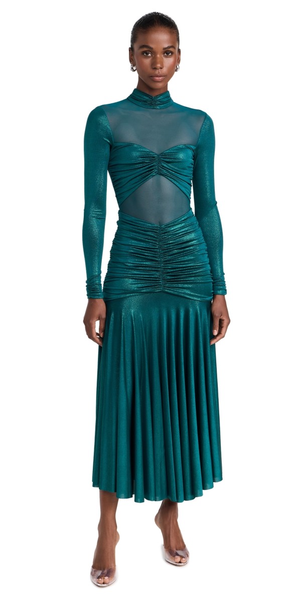 PatBO Metallic Jersey And Tulle Midi Dress Emerald