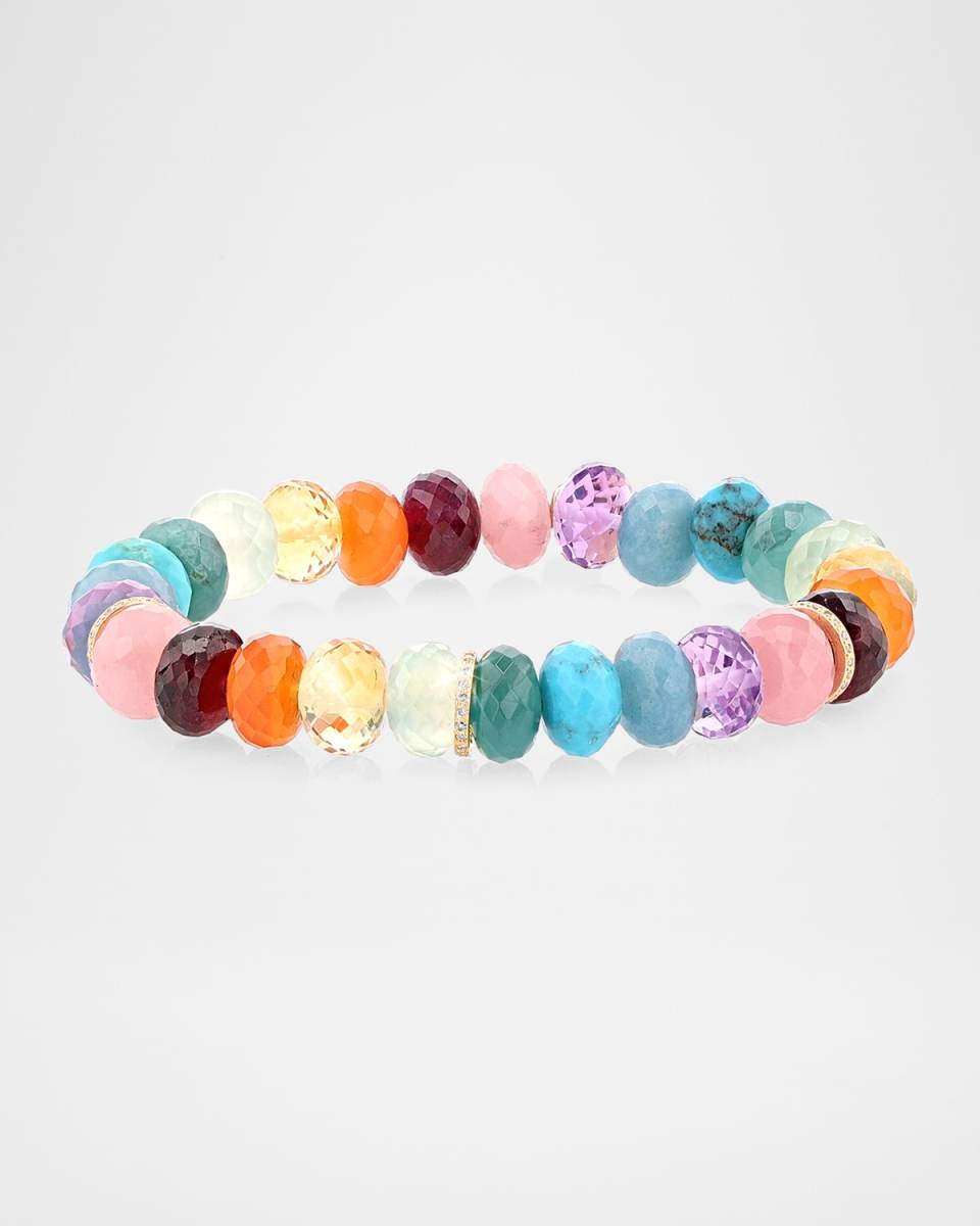 14K Yellow Gold 10mm Multi Rainbow Beaded Bracelet with 3 Pave Diamond Rondelle