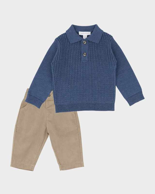 Boy's Cable Knit Polo Sweater W/ Pants Set, Size 3M-24