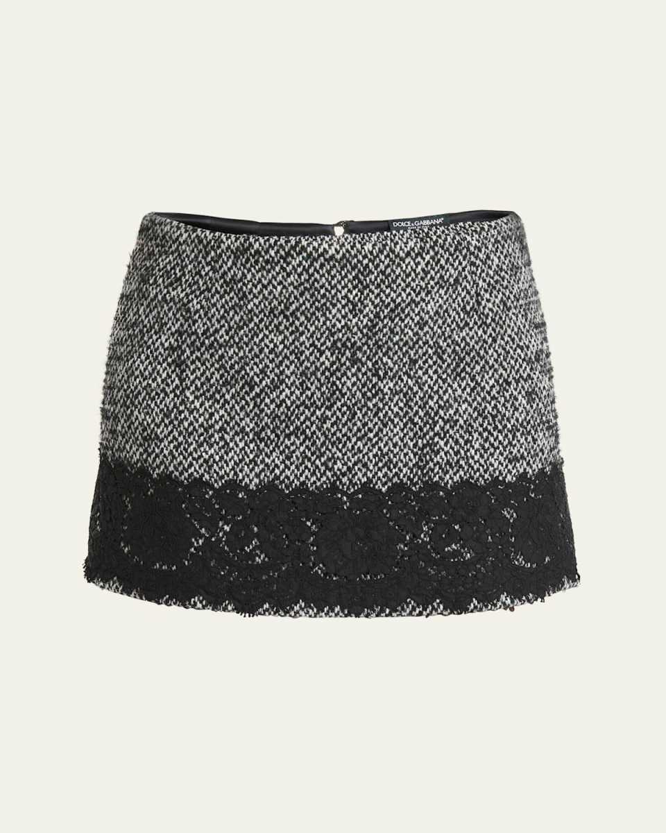 Tweed Wool Mini Skirt with Lace Trim