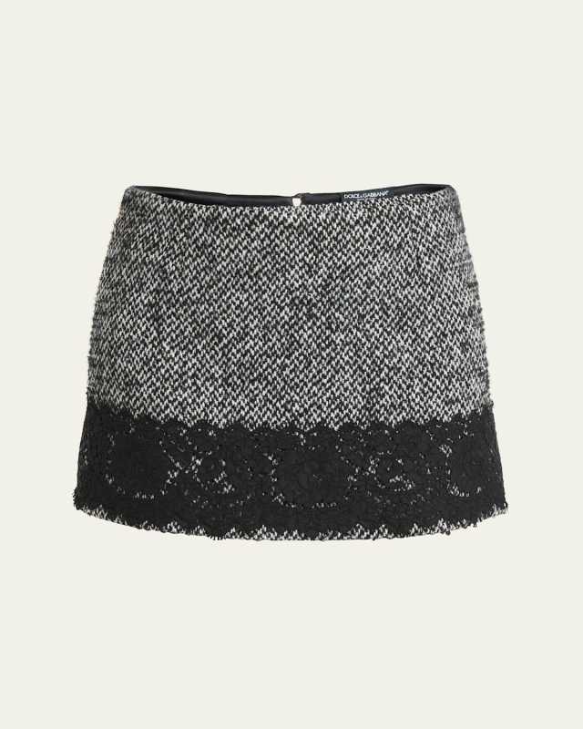 Tweed Wool Mini Skirt with Lace Trim