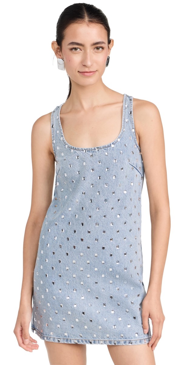 Self Portrait Square Rhinestone Denim Mini Dress Light Blue