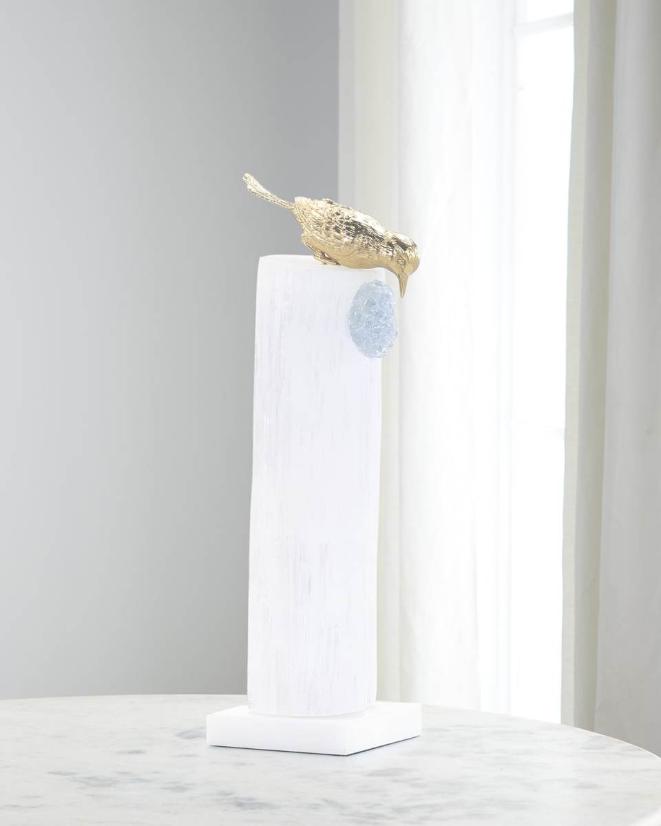 Brass Bird Sculpture on Selenite Roost II