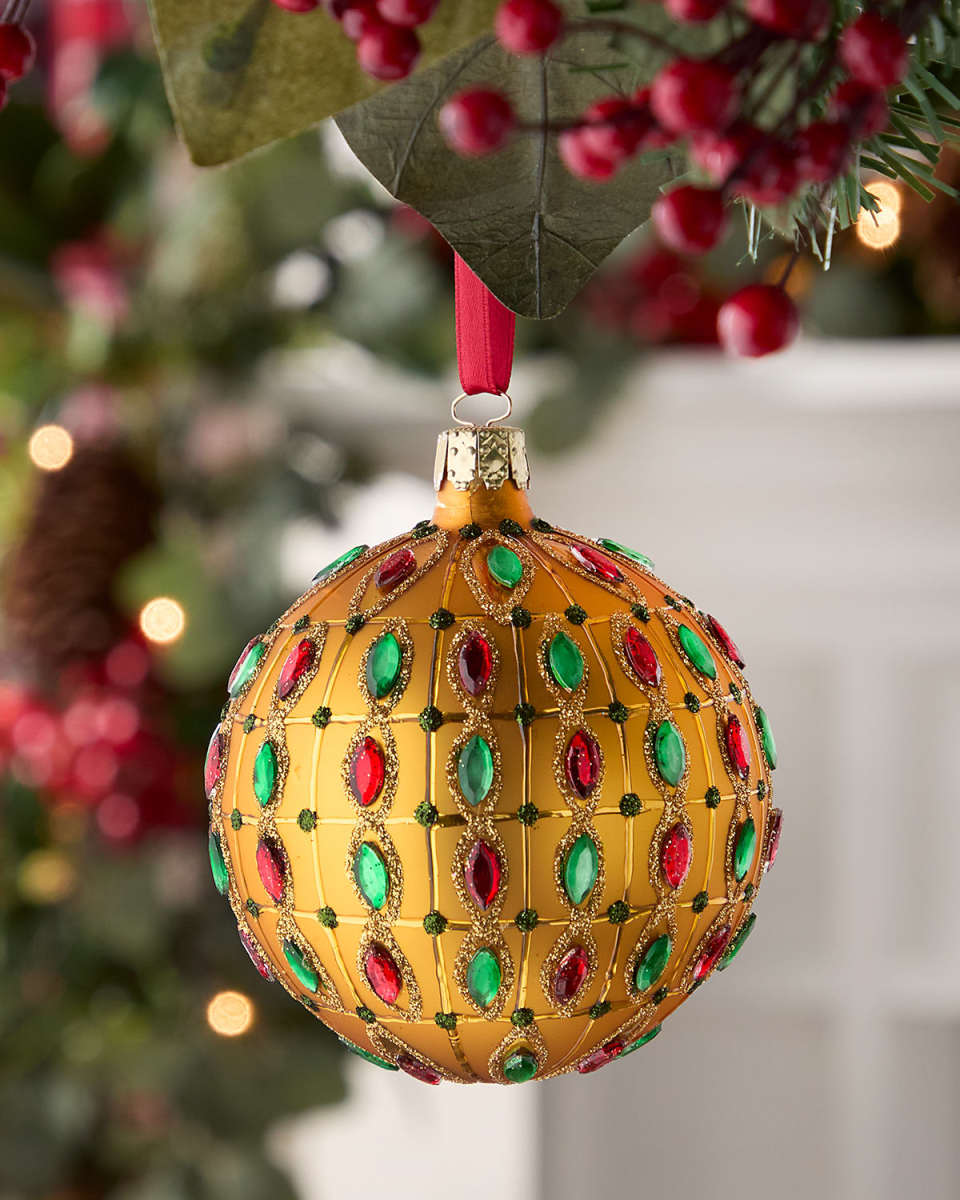 Golden Matte Ball Christmas Ornament with Stones