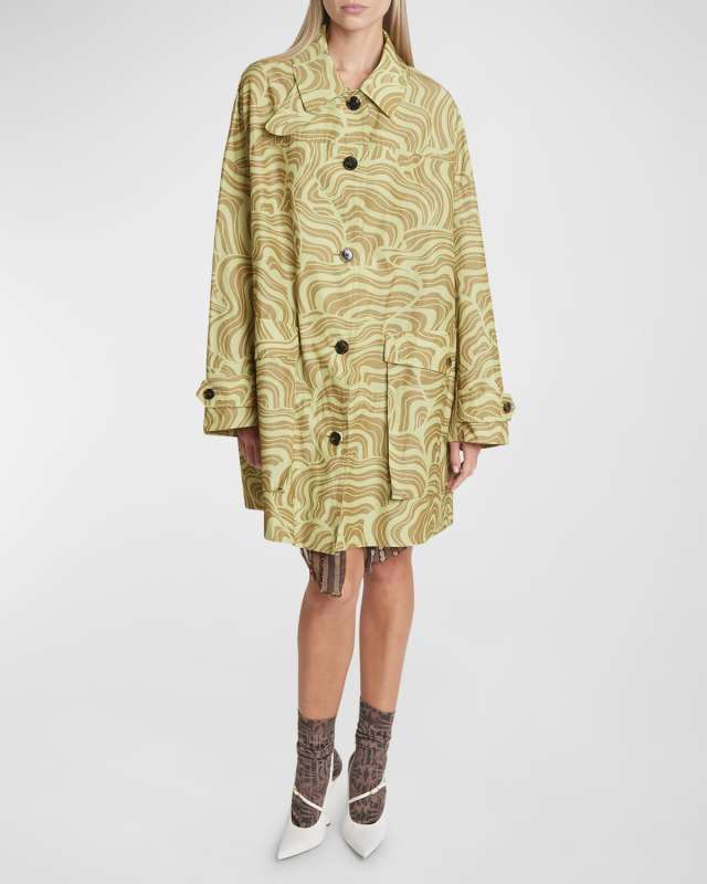 Reston Wave-Print Single-Breasted Oversized Coat