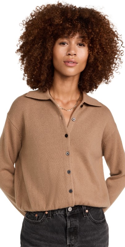 Theory Crop Polo Cashmere Cardigan Beige Canvas