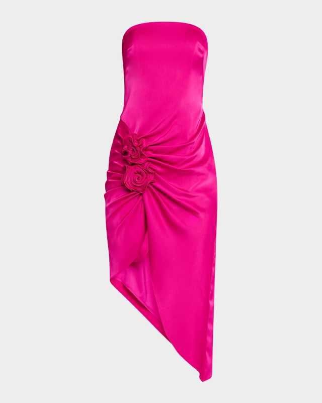 Strapless Floral Applique Satin Midi Dress