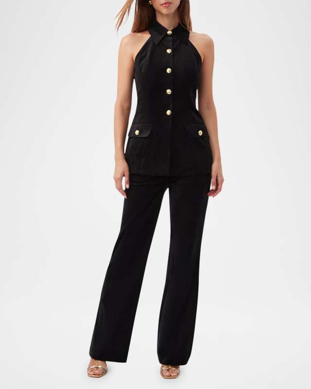 Elainia Button-Down Halter Velveteen Top