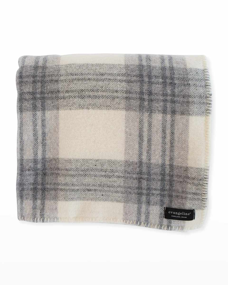Plaid Merino Wool King Blanket, Cream/Ledge