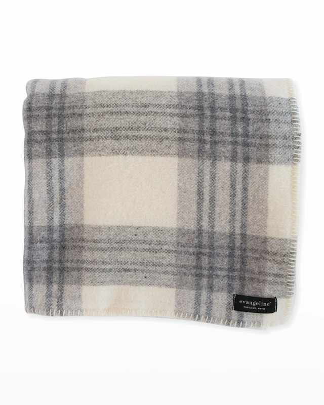 Plaid Merino Wool King Blanket, Cream/Ledge