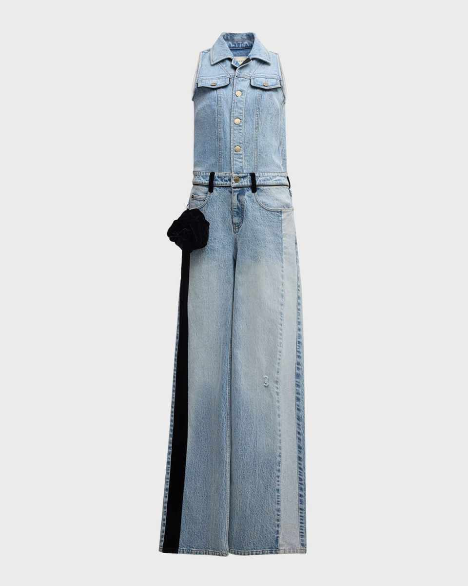 Hiro Velvet-Flower Sleeveless Straight-Leg Jumpsuit