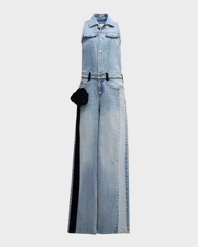 Hiro Velvet-Flower Sleeveless Straight-Leg Jumpsuit