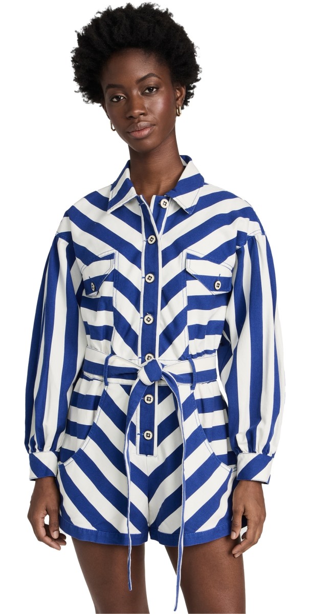 FARM Rio Blue and White Stripe Shorts Jumpsuit Blue and White