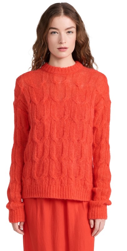 Tibi Soft Mohair Cable Crew Neck Easy Pullover Red