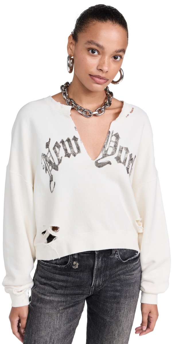 R13 New York Cropped Crew Neck Sweatshirt with Front Slit Ecru