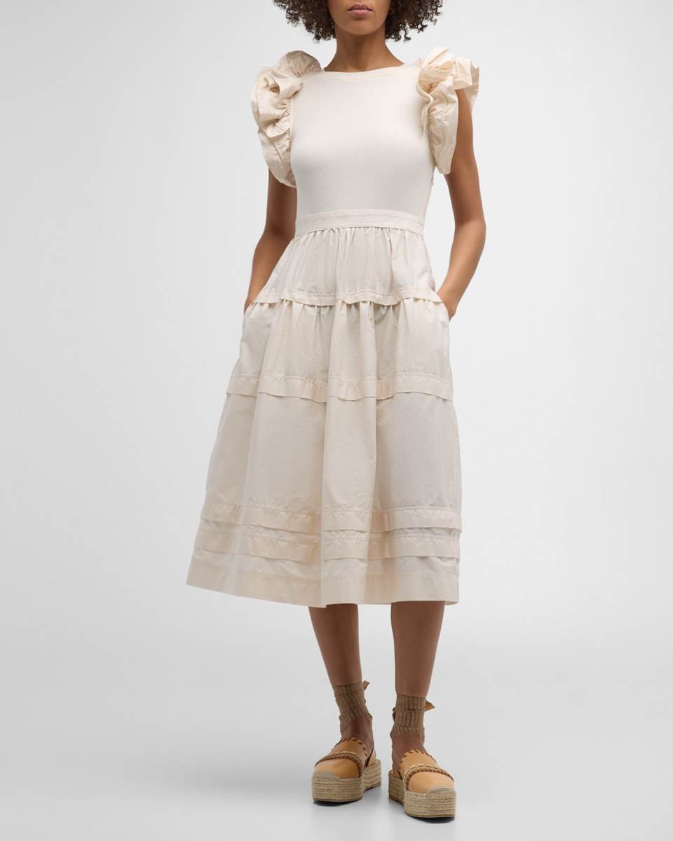 Francine Ruffle-Sleeve Combo Midi Dress