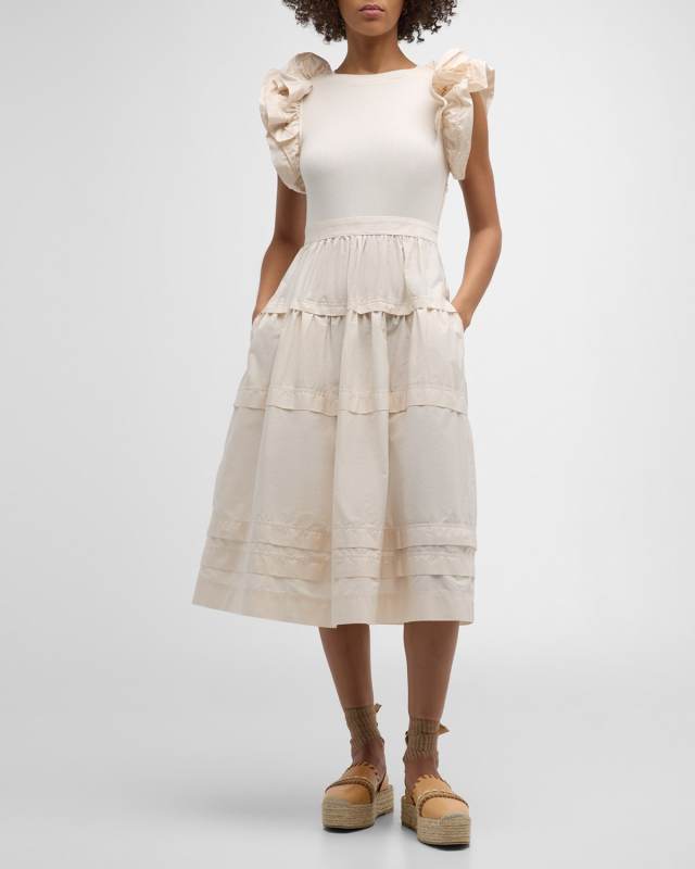 Francine Ruffle-Sleeve Combo Midi Dress