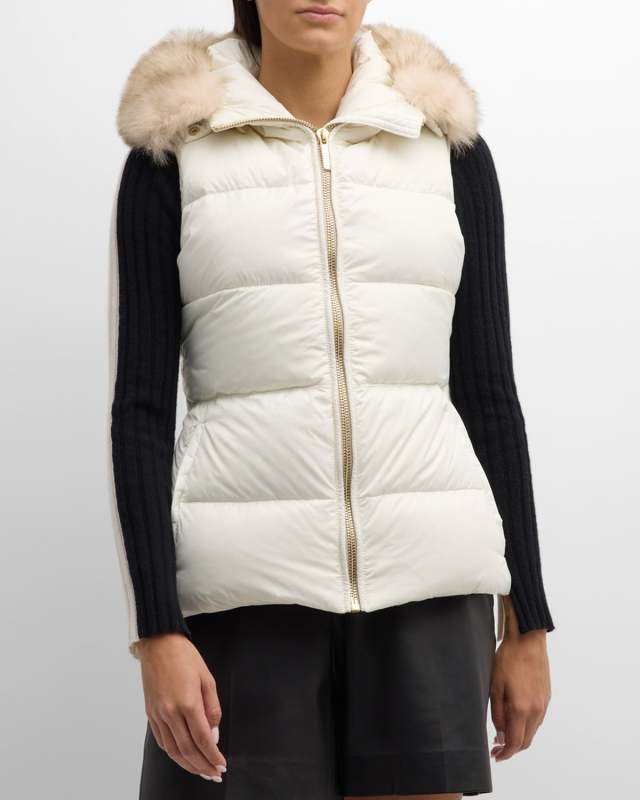 Apres-Ski Down Filled Vest with Detachable Toscana Shearling Lamb Hood Tri