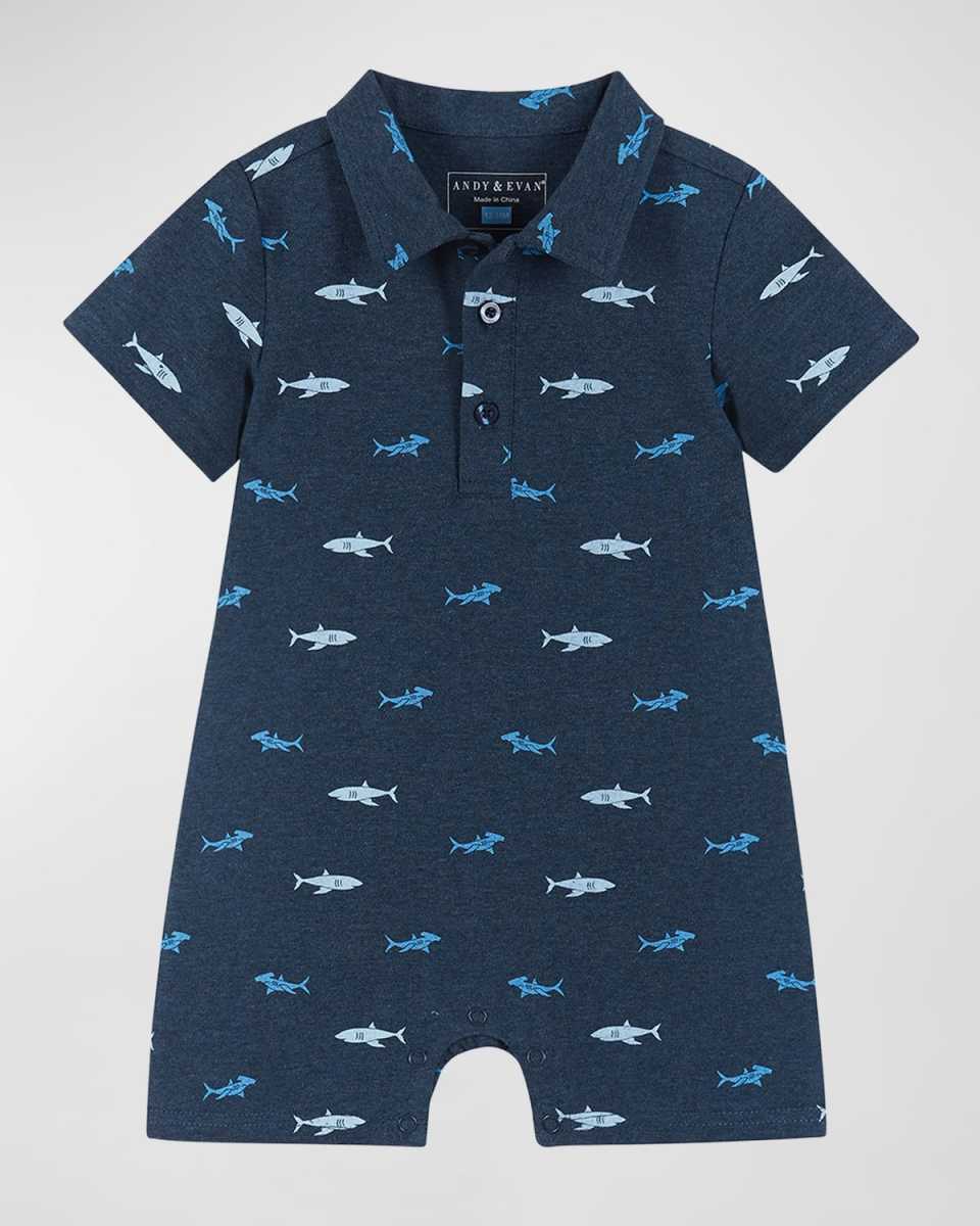 Boy's Shark-Print Polo Shortall, Size Newborn-24